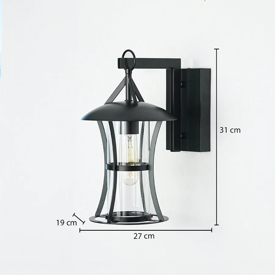 Black outdoor wall lantern with clear glass enclosure mounted on neutral wall background 31 cm height 27 cm width 19 cm depth perfect for exterior lighting.