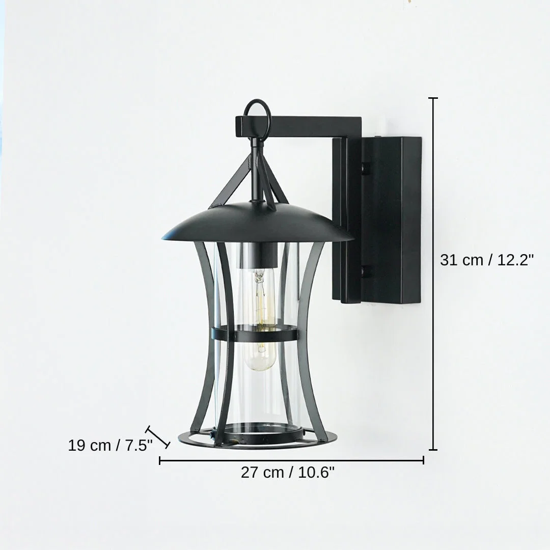 Black outdoor wall lantern with clear glass enclosure, 31 x 27 x 19 cm (12.2 x 10.6 x 7.5 inches) dimensions