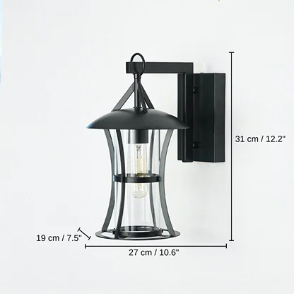 Black outdoor wall lantern with clear glass enclosure, 31 x 27 x 19 cm (12.2 x 10.6 x 7.5 inches) dimensions