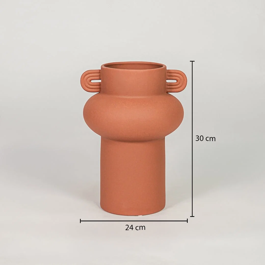 Orange ceramic flower vase size 30 cm height 24 cm width modern decorative vase for table console shelf styling.