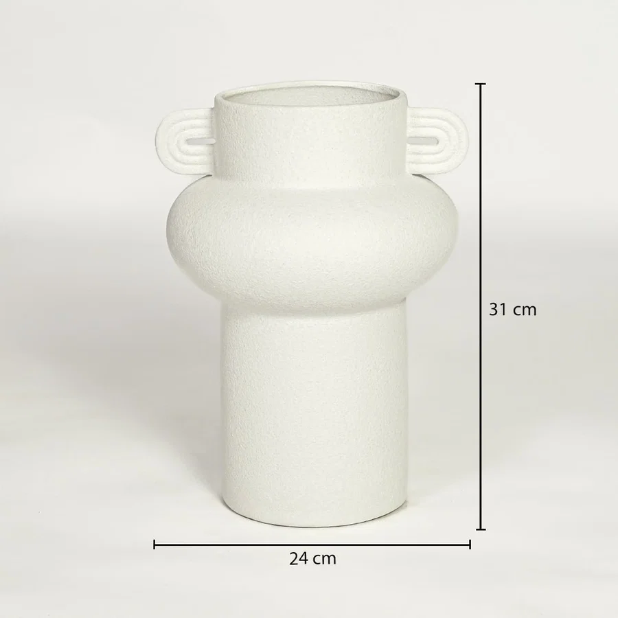 White ceramic decorative vase with sculptural handles showing 31 cm height and 24 cm width suitable for table or console placement.