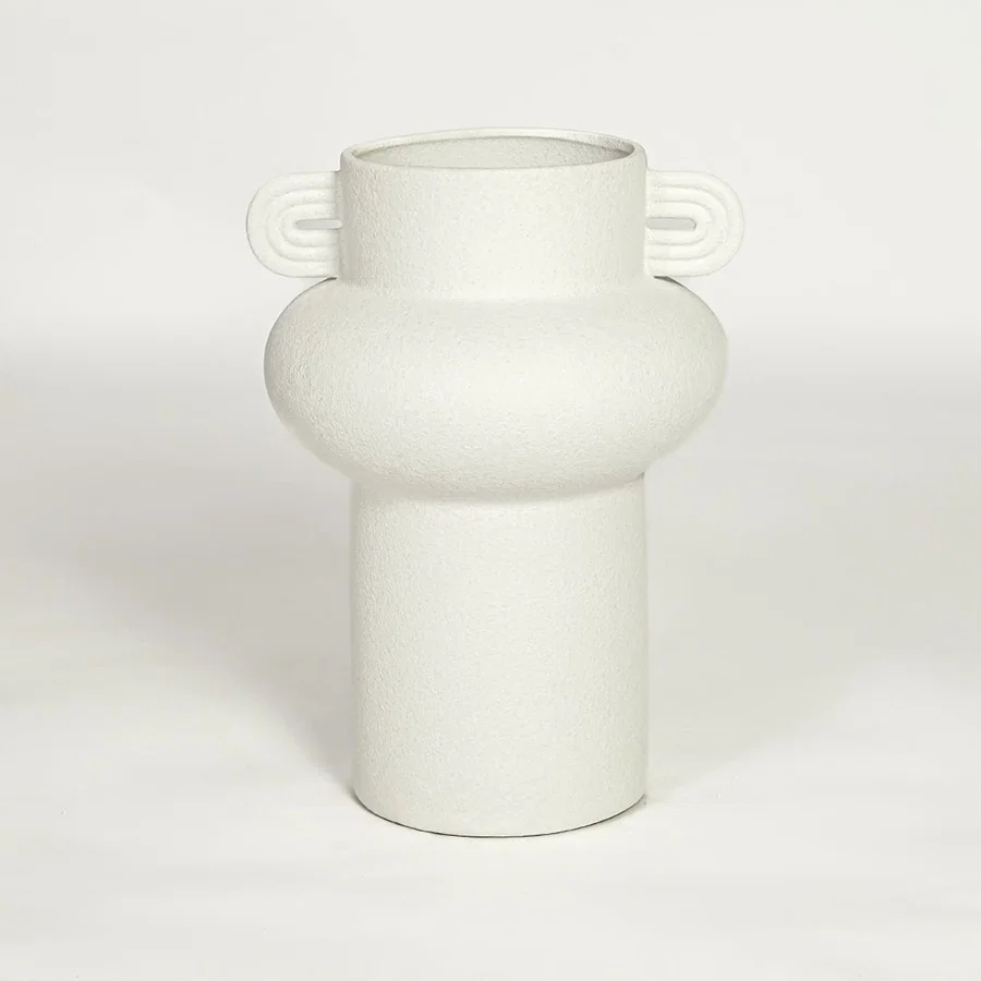 Minimal white ceramic statement vase with side handles designed for living room table console or shelf styling on clean background.