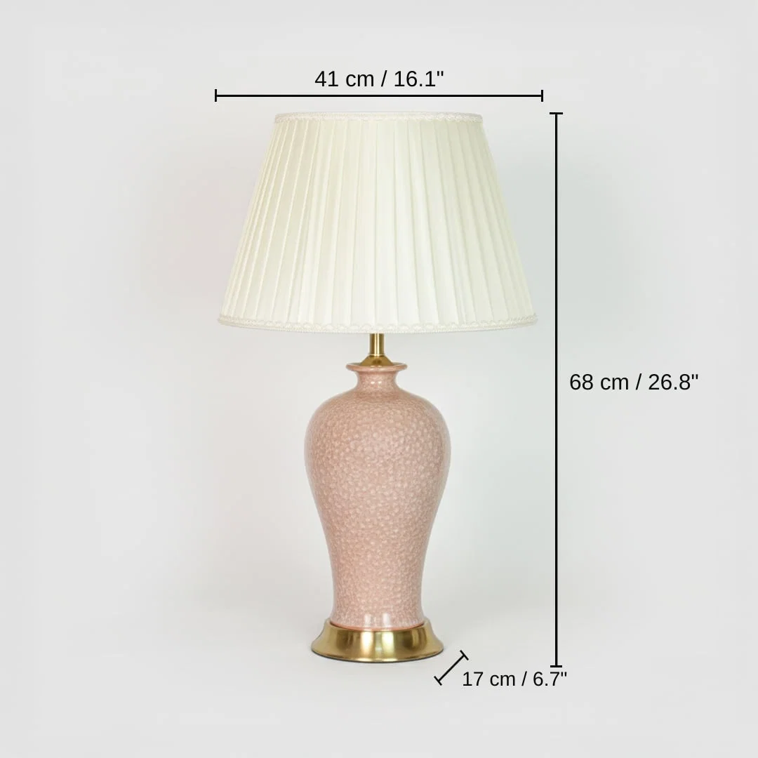 Pink ceramic table lamp, shade 27 x 41 x 26 cm (10.6 x 16.1 x 10.2 inches), body 68 x 41 x 17 cm (26.8 x 16.1 x 6.7 inches) dimensions