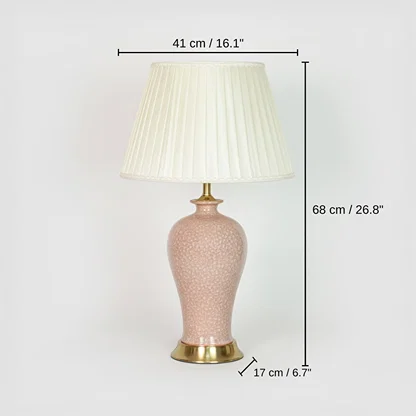 Pink ceramic table lamp, shade 27 x 41 x 26 cm (10.6 x 16.1 x 10.2 inches), body 68 x 41 x 17 cm (26.8 x 16.1 x 6.7 inches) dimensions