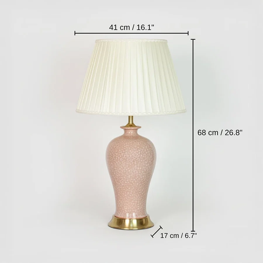 Pink ceramic table lamp, shade 27 x 41 x 26 cm (10.6 x 16.1 x 10.2 inches), body 68 x 41 x 17 cm (26.8 x 16.1 x 6.7 inches) dimensions