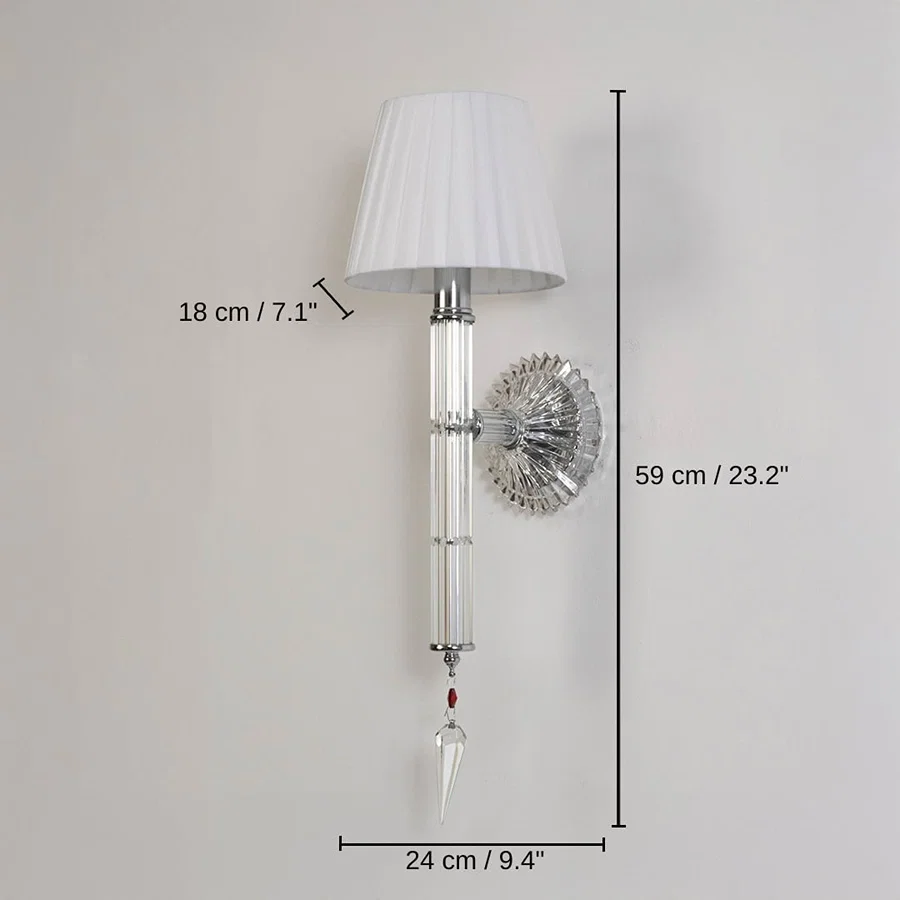 Wall light with chrome base fabric shade and crystal detailing, 59 x 24 x 18 cm (23.2 x 9.4 x 7.1 inches) dimensions