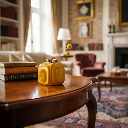 Lifestyle image of a mustard yellow ribbed cube ceramic vase styled on a classic polished wood coffee table in a rich room.