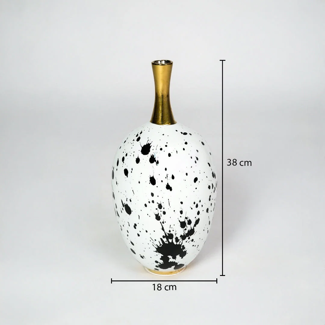 White and black ceramic vase with gold neck dimension image with 39 cm height and 18 cm width for decor.