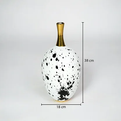 White and black ceramic vase with gold neck dimension image with 39 cm height and 18 cm width for decor.