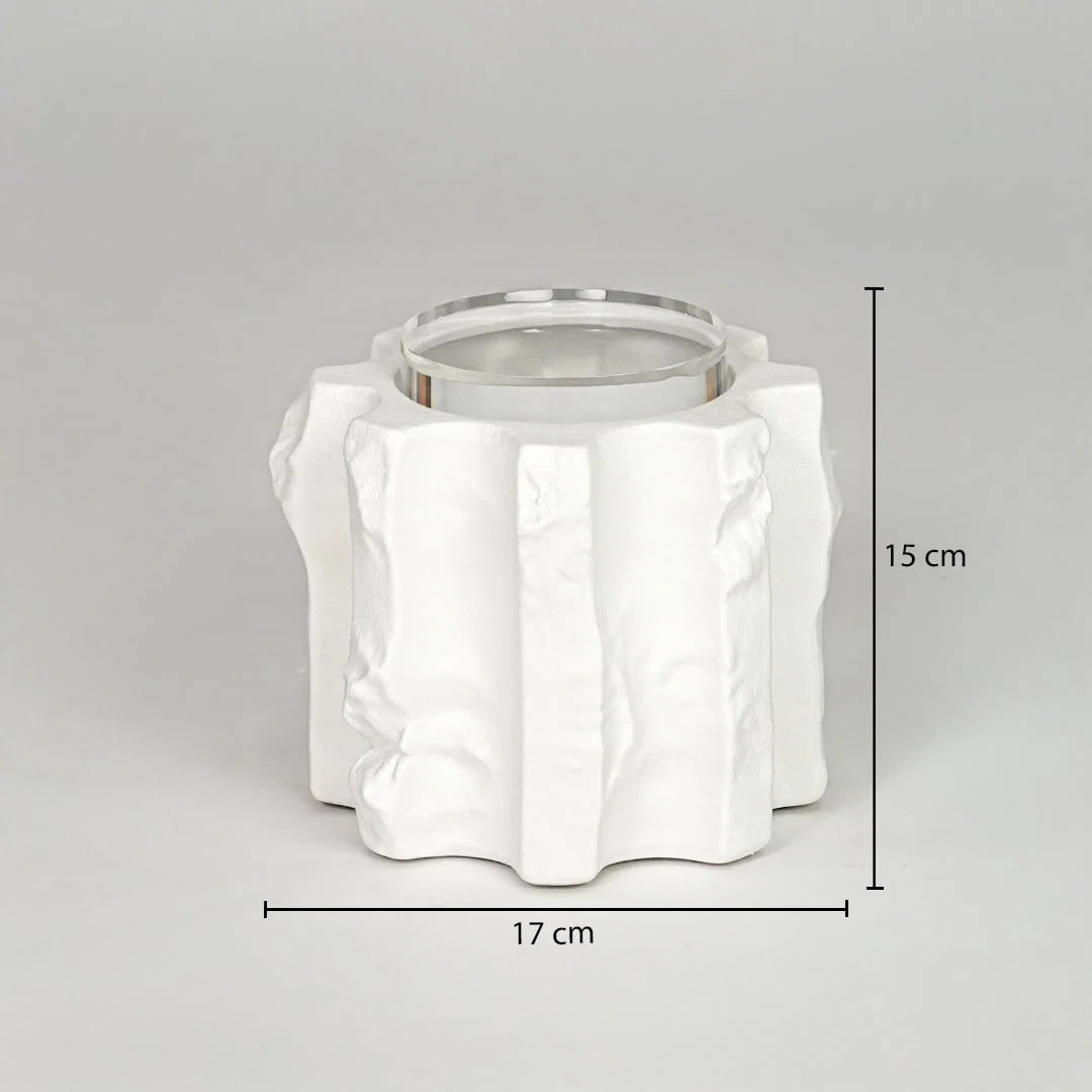 White ceramic decorative vase size 15 cm height 17 cm length modern textured flower vase dimension reference image.