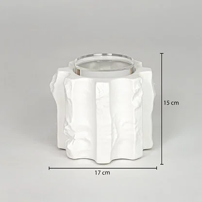 White ceramic decorative vase size 15 cm height 17 cm length modern textured flower vase dimension reference image.
