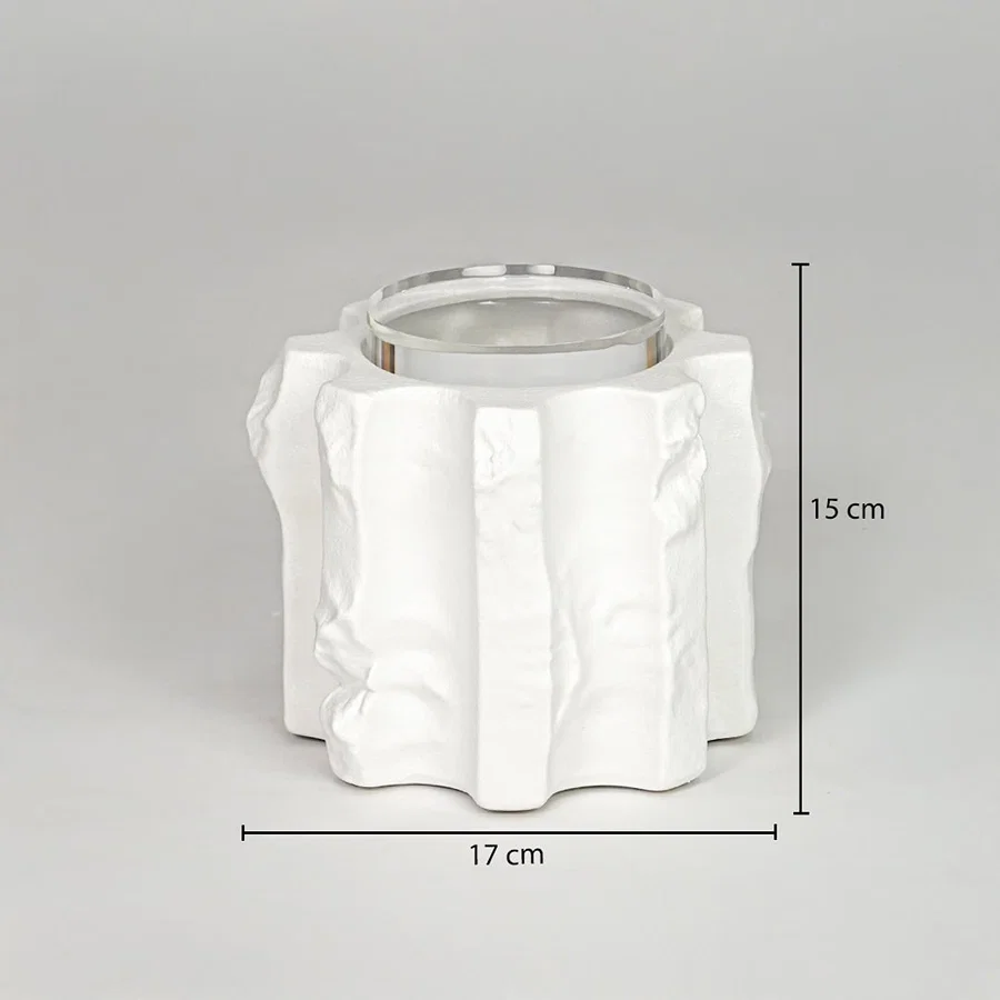 White ceramic decorative vase size 15 cm height 17 cm length modern textured flower vase dimension reference image.