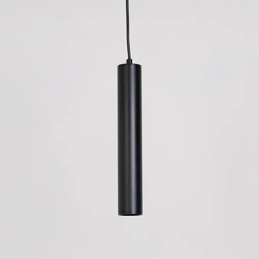 Modern pendant light in black finish with cylindrical design for kitchen island or dining decor lighting white background.