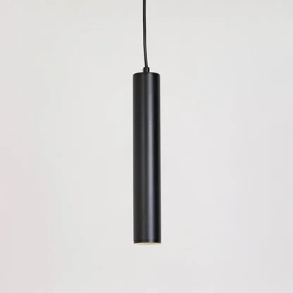 Black metal cylindrical pendant light with minimalist styling for contemporary home decor spaces.