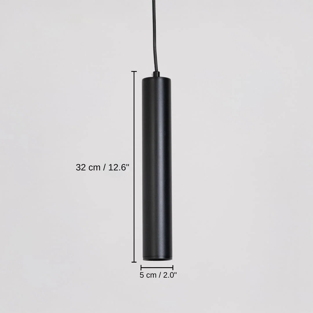 Black metal cylinder pendant light, base 32 x 5 x 5 cm (12.6 x 2.0 x 2.0 inches), canopy 10 x 10 cm (3.9 x 3.9 inches) dimensions