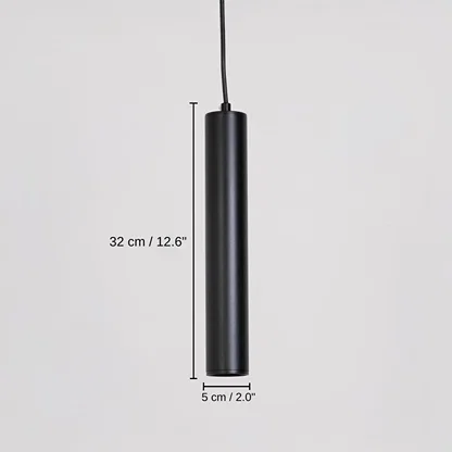 Black metal cylinder pendant light, base 32 x 5 x 5 cm (12.6 x 2.0 x 2.0 inches), canopy 10 x 10 cm (3.9 x 3.9 inches) dimensions