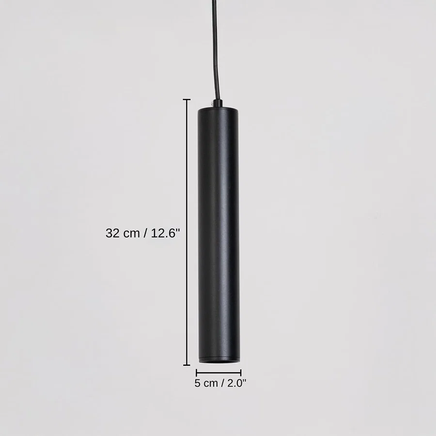 Black metal cylinder pendant light, base 32 x 5 x 5 cm (12.6 x 2.0 x 2.0 inches), canopy 10 x 10 cm (3.9 x 3.9 inches) dimensions