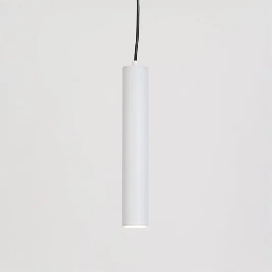 Minimal pendant light in white finish with cylindrical design for kitchen island or dining decor lighting white background.