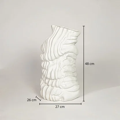 White ceramic abstract textured decorative vase showing 27 cm width 26 cm depth and 48 cm height ideal for living room floor decor.