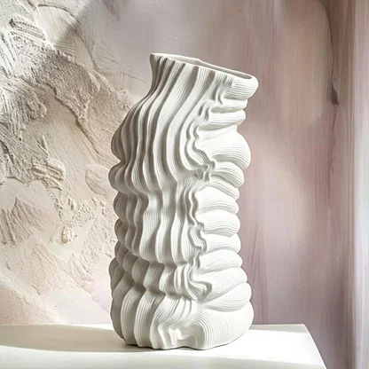 White ceramic abstract textured floor vase with sculpted wave design perfect for dried flower display in living room corner and modern home decor.