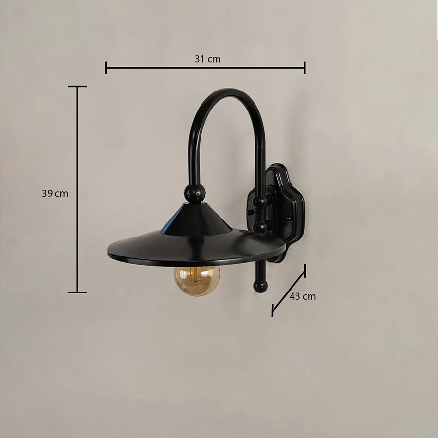 Black metal wall light with size details showing 39 cm height 31 cm width and 43 cm depth clearly displayed on a plain background.