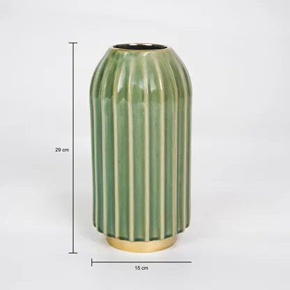 Dimension image of green gold ceramic vase for elegant tabletop decor styling highlighting modern smooth decorative finish.