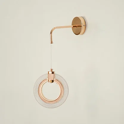 Modern rose gold metal led ring wall sconce pendant hanging light fixture displayed on clean white background image.