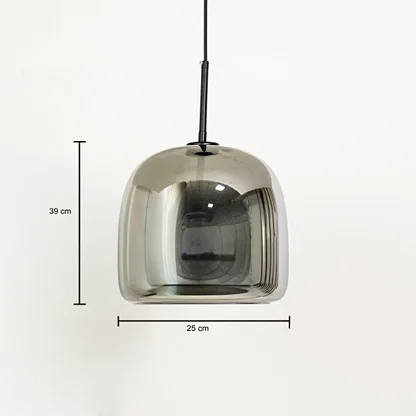 Chrome metal pendant ceiling light for kitchen island dining room or café interior showing product dimensions clearly.