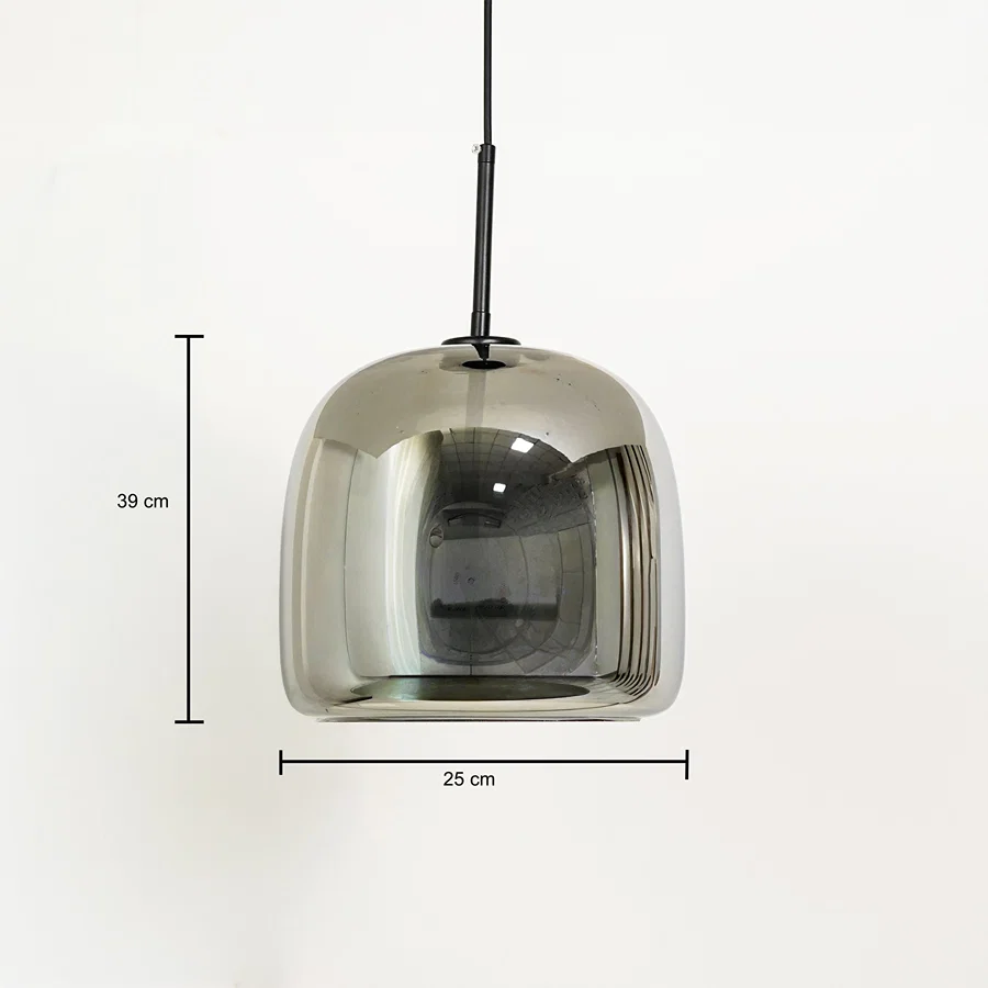 Chrome metal pendant ceiling light for kitchen island dining room or café interior showing product dimensions clearly.