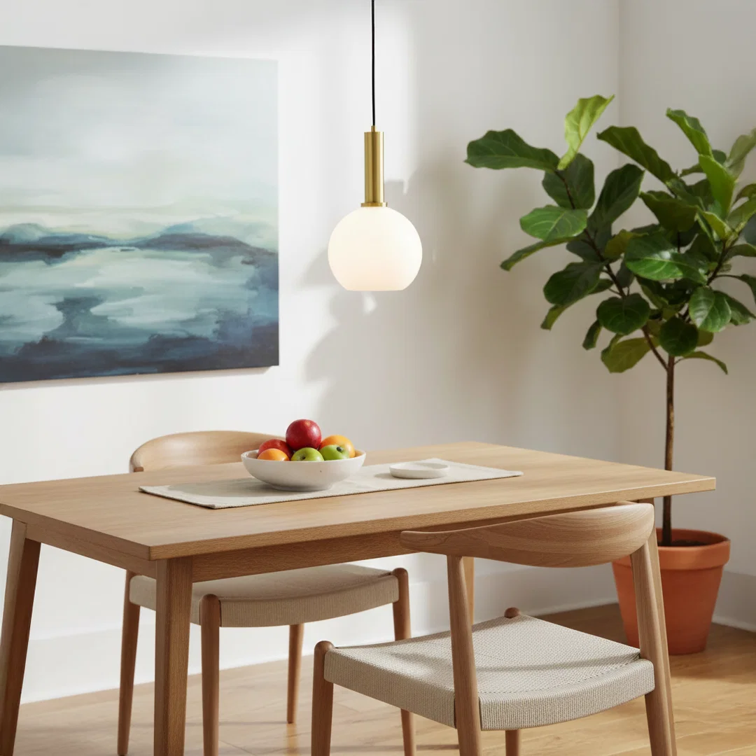 White glass globe pendant light above dining table adding Scandinavian elegance and warm ambient lighting to interiors.