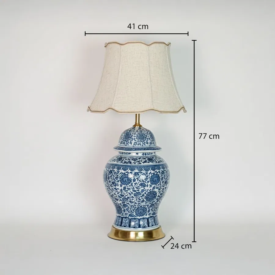 Blue white ceramic table lamp showing 77 cm height 41 cm shade width and 24 cm base size for floor or console use.