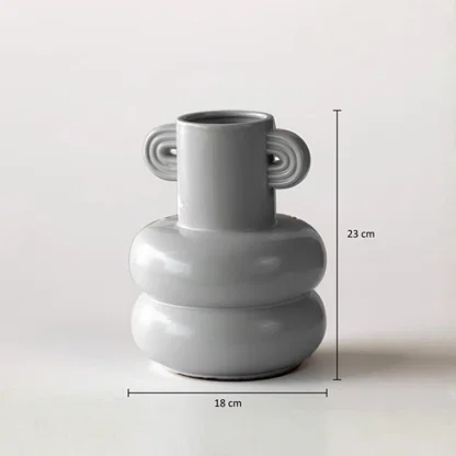 Dimension image of modern grey ceramic stacked bubble vase with ribbed side handles showing 23 cm height and 18 cm width.