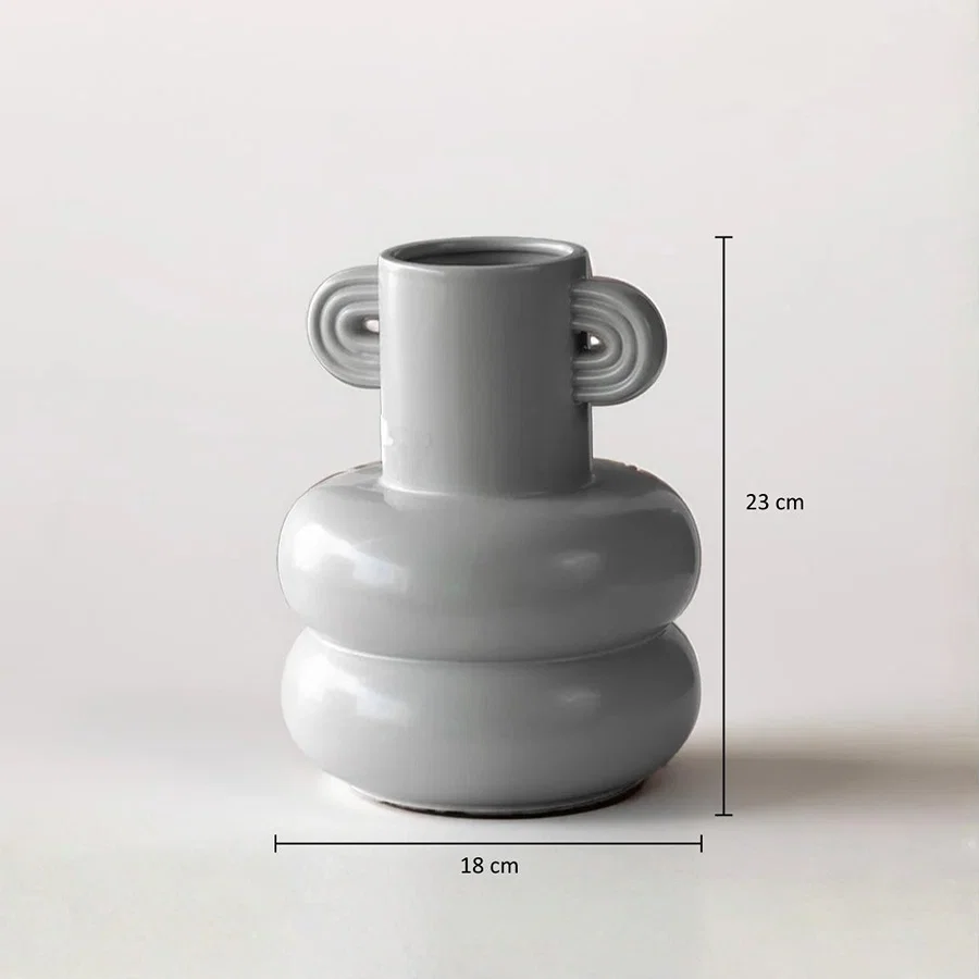 Dimension image of modern grey ceramic stacked bubble vase with ribbed side handles showing 23 cm height and 18 cm width.