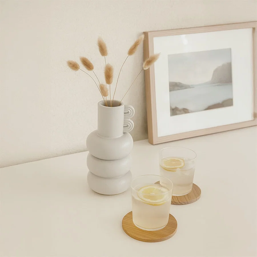 A modern sculptural vase with stacked rounded forms displayed in a minimal lifestyle setting that highlights its artistic shape and soft neutral tone.