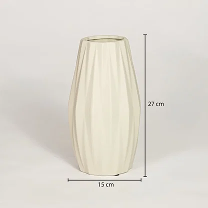 Beige ceramic decorative vase showing 15 cm width and 27 cm height ideal for console table shelf and home decor display.