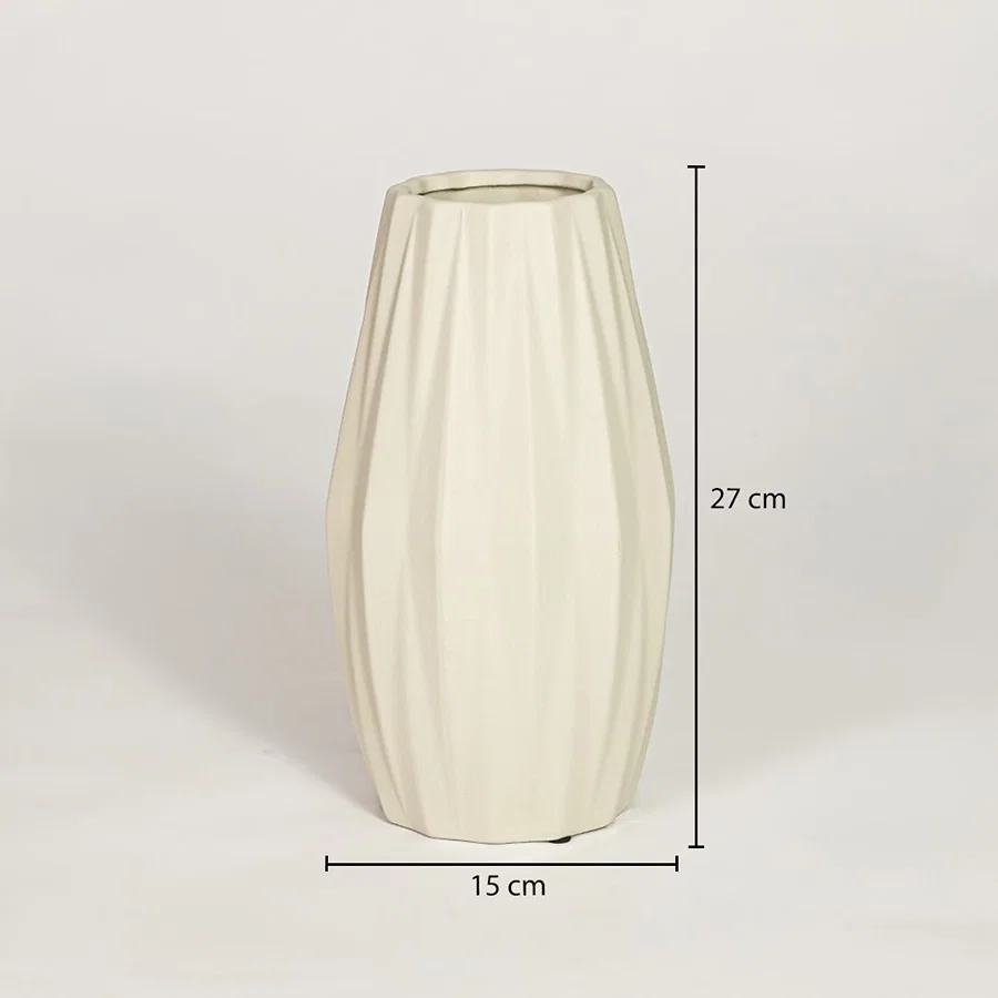 Beige ceramic decorative vase showing 15 cm width and 27 cm height ideal for console table shelf and home decor display.