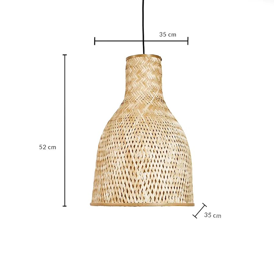 Dimension image of bottle neck bamboo pendant light with open weave basket shade showing 52 cm height and 35 cm width.