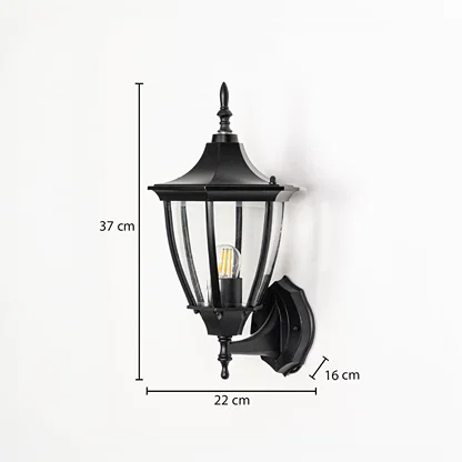 Outdoor wall lantern shown with measurements indicating 37 cm height 22 cm width and 16 cm projection for accurate installation planning.