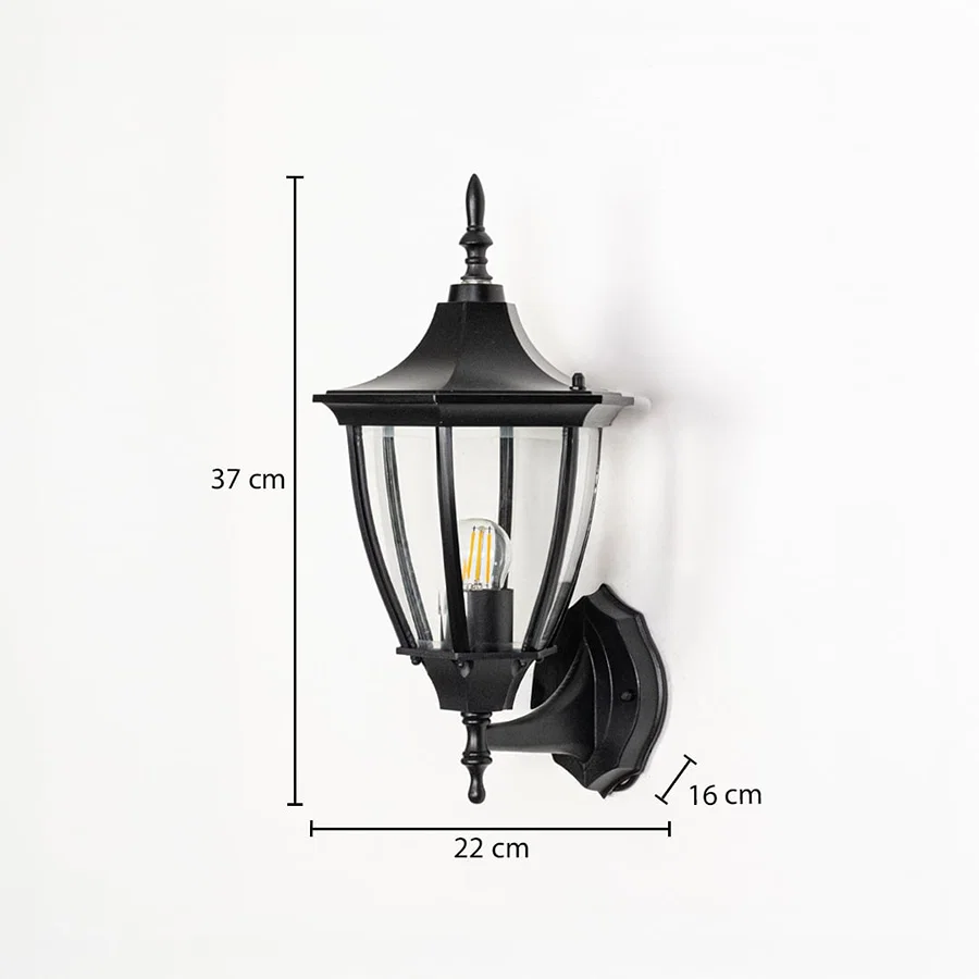 Outdoor wall lantern shown with measurements indicating 37 cm height 22 cm width and 16 cm projection for accurate installation planning.