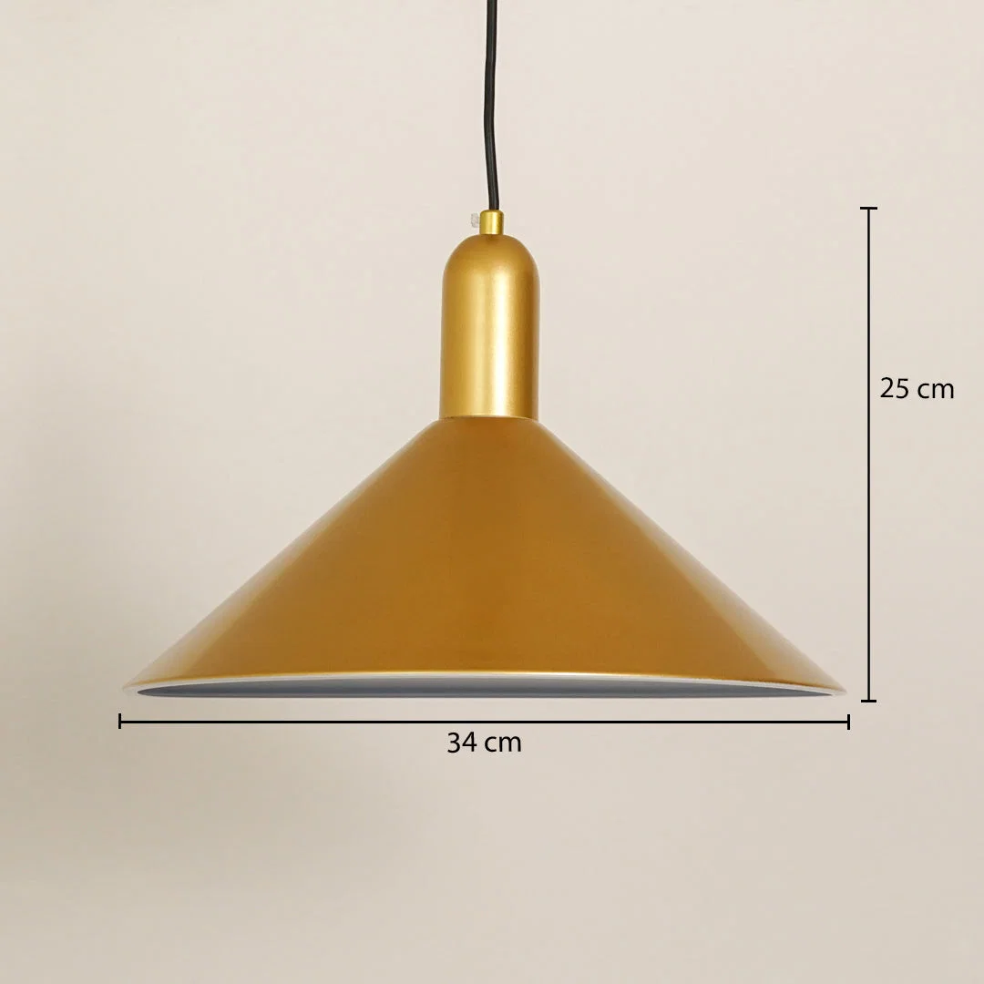 Matte gold metal pendant light with cone shade and size details for sophisticated ceiling decor.