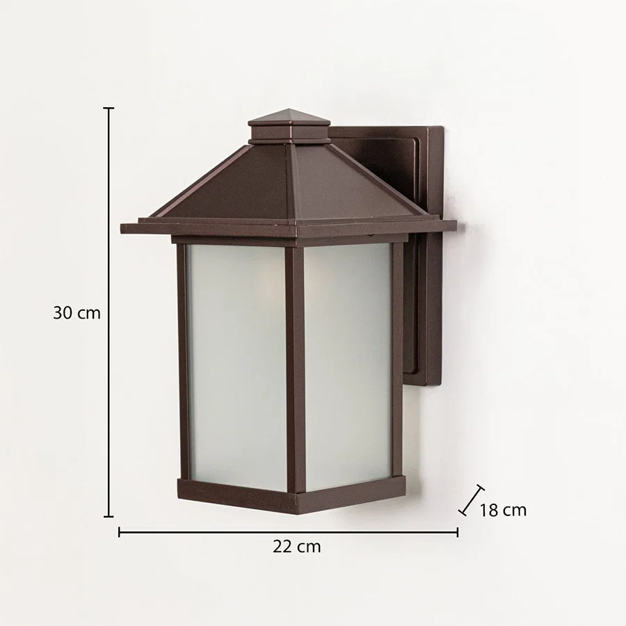 Brown metal outdoor wall lantern measuring 30 cm height 22 cm width and 18 cm depth designed for exterior wall mounting.