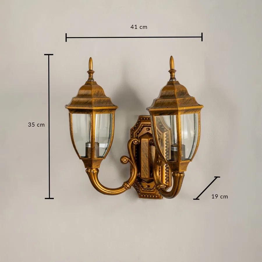 Double brass outdoor lantern with clear glass showing dimensions 35 cm height 41 cm width and 19 cm depth for accurate exterior wall placement.