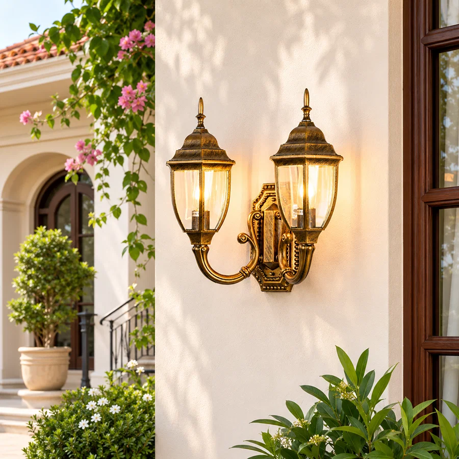 Antique brass metal double glass lantern sconce on exterior house wall for luxury porch lighting and home facade styling.