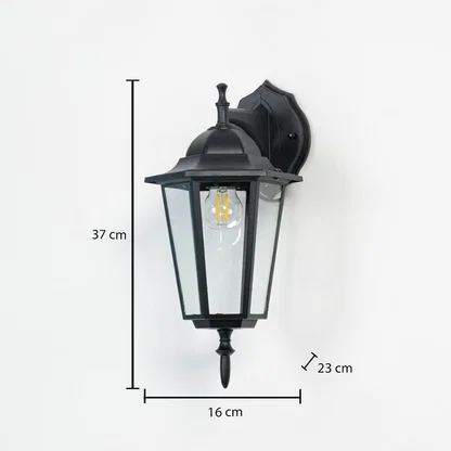 Outdoor wall lantern dimension image showing 37 cm height 23 cm depth and 16 cm width ideal for outdoor wall lighting.