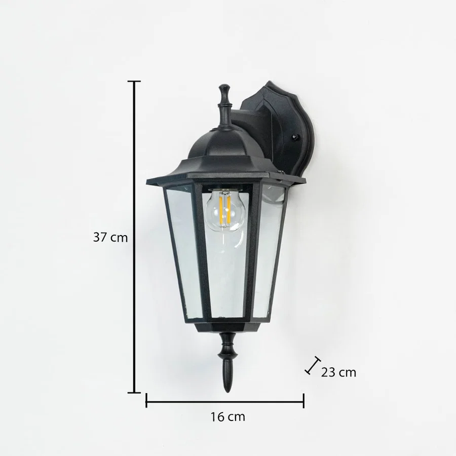 Outdoor wall lantern dimension image showing 37 cm height 23 cm depth and 16 cm width ideal for outdoor wall lighting.
