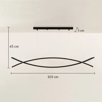 A sleek black linear chandelier measuring 103 cm width and 65 cm height shown with the light off against a clean white backdrop enhancing minimal modern décor.