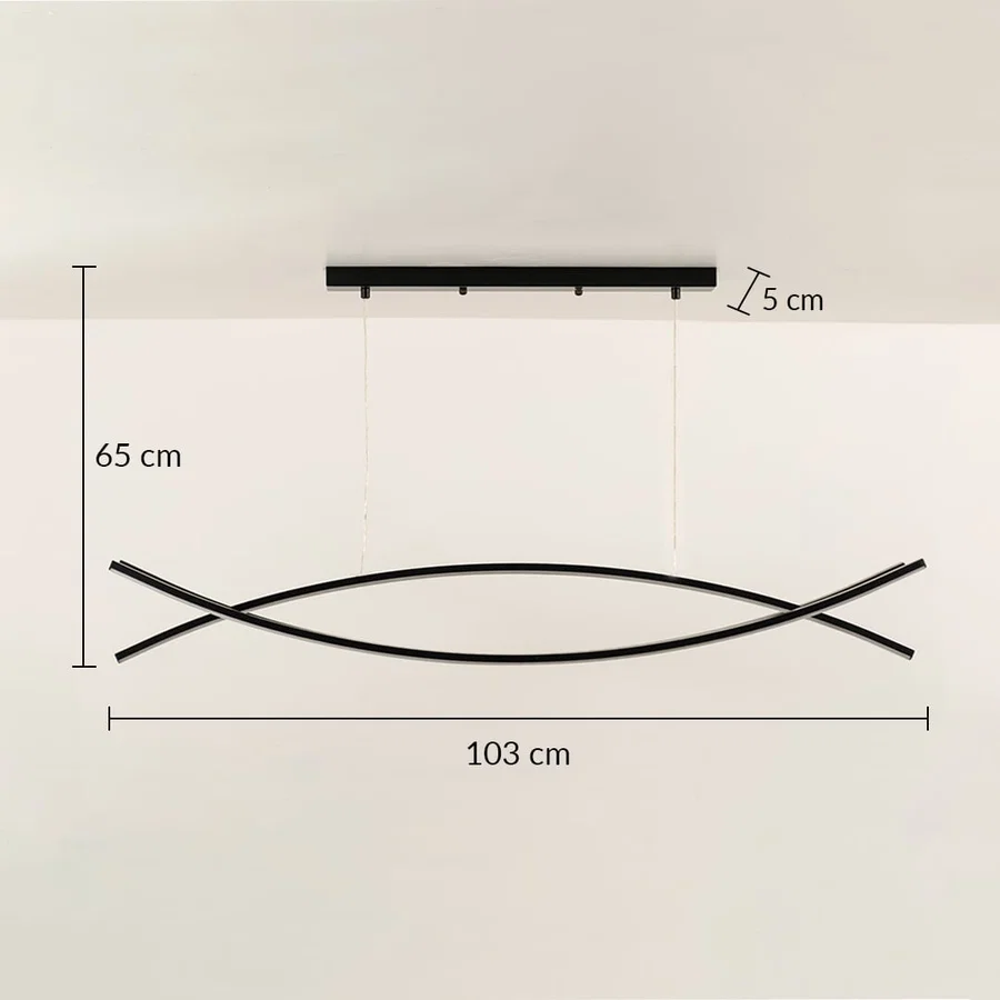 A sleek black linear chandelier measuring 103 cm width and 65 cm height shown with the light off against a clean white backdrop enhancing minimal modern décor.