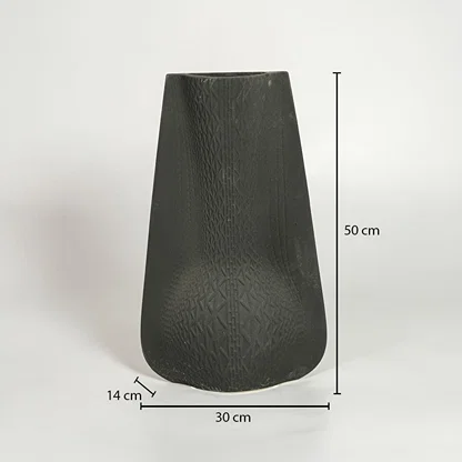 Black textured ceramic vase dimension image showing 50 cm height 30 cm width and 14 cm depth decorative ceramic accent for floor styling.