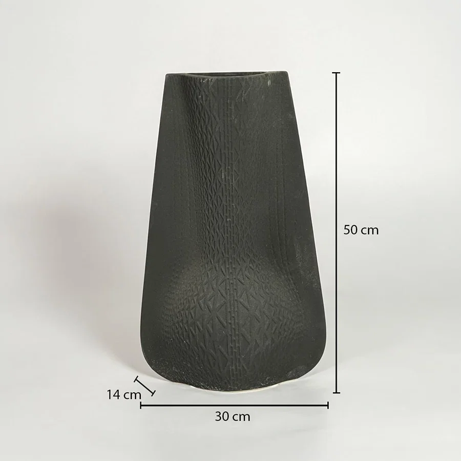 Black textured ceramic vase dimension image showing 50 cm height 30 cm width and 14 cm depth decorative ceramic accent for floor styling.