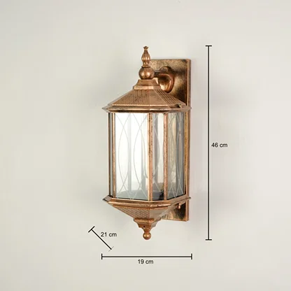 Vintage brass outdoor wall lantern with clear ribbed glass for porch entryway or patio showing dimensions clearly.